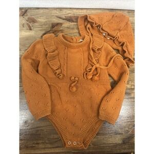 Tiny Threads Long Sleeve Knit‎ Romper with Hat Rust Orange Color 18M 100% Cotton